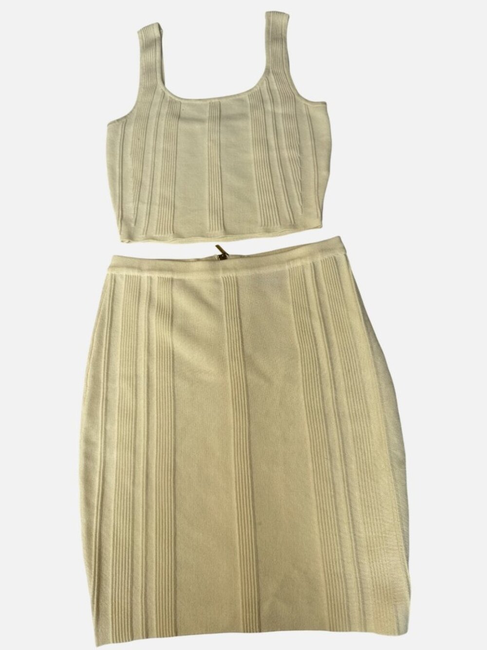 Guess Ribbed Knit Beige Two-Piece Set With Crop Top & High-Waisted Skirt Size S